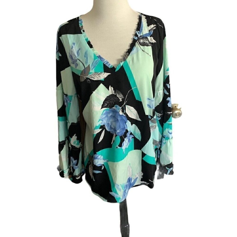 Alfani Womens Floral Long Sleeve Blouse Black Mint Teal Blue Medium